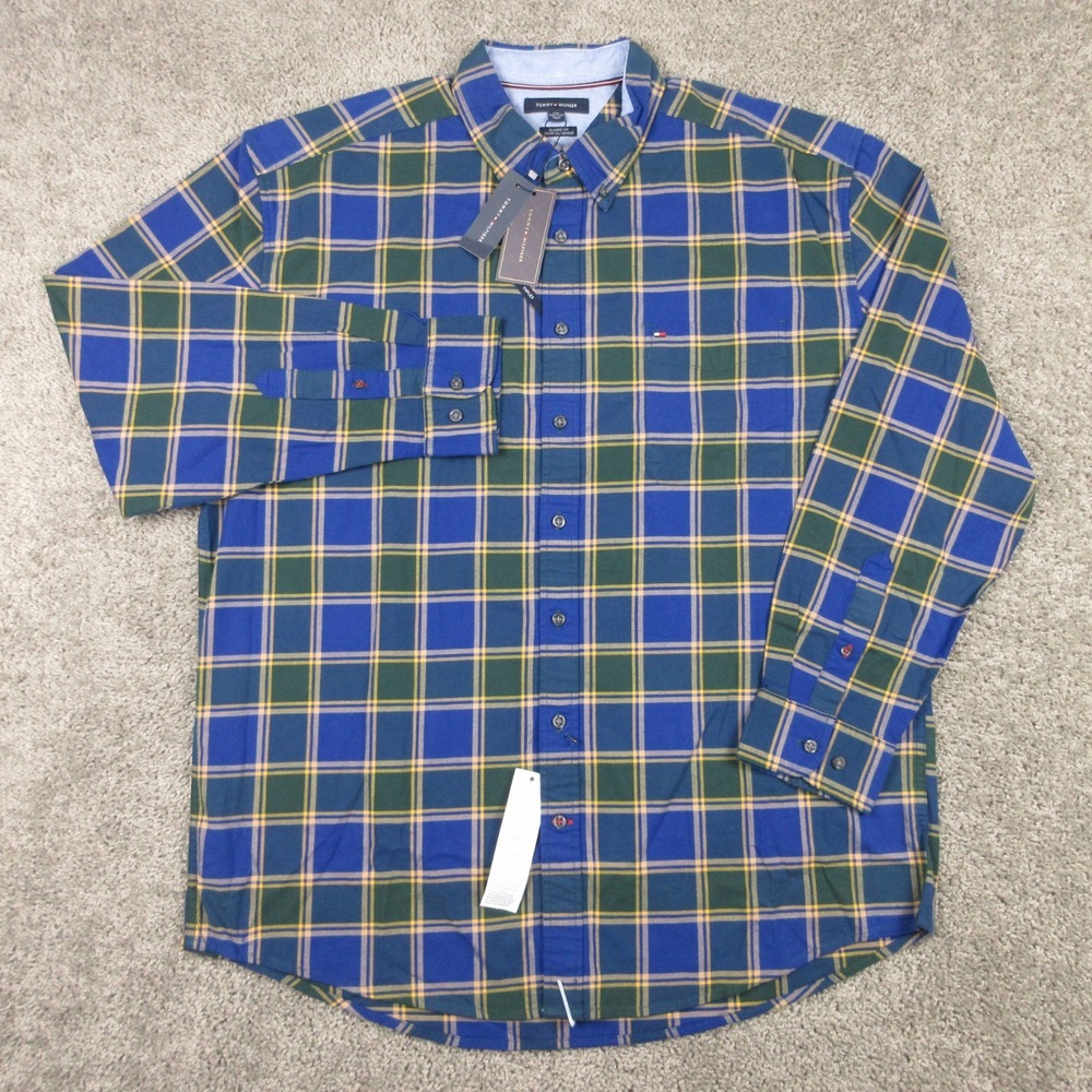 Tommy Hilfiger Shirt Mens 2XL Blue Green Plaid Classic TH Flex Oxford Button Up